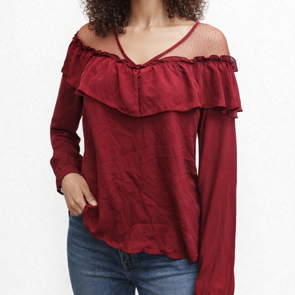 Heartloom Lucille Mesh Ruffle Long sleeve Blouse in Wine